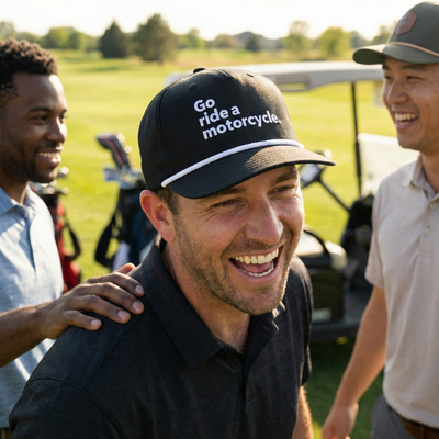 Man on the golf course wearing a "Go ride a motorcycle" embroidered golf rope hat laughing with his friends