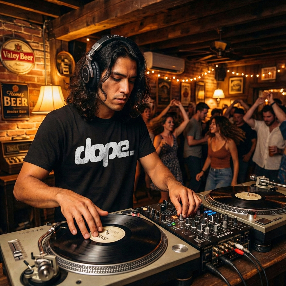 DJ wearing a DOPE. t-shirt playing records at a lively party in a bar with people dancing in the background.