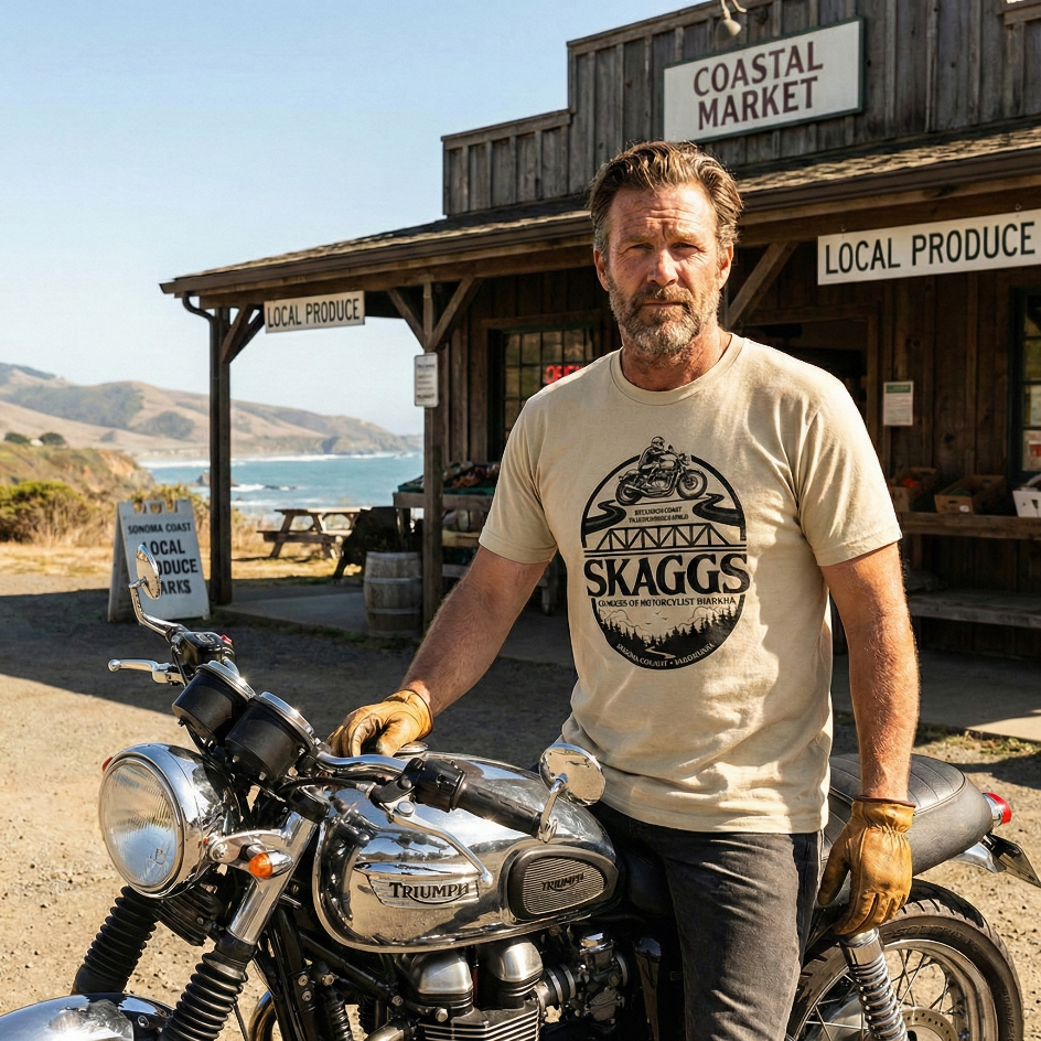 Man sitting on a motorcycle with wearing a SKAGGS t-shirt in front of a market on the coast