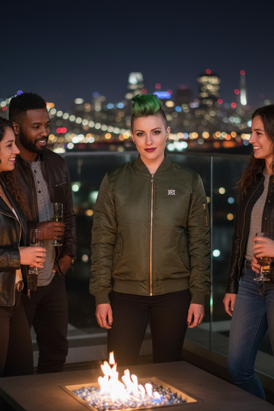 Woman wearing an olive green Crown Moto branded bomber jacket standing in front of a fire pit with a cityscape at night in the background
