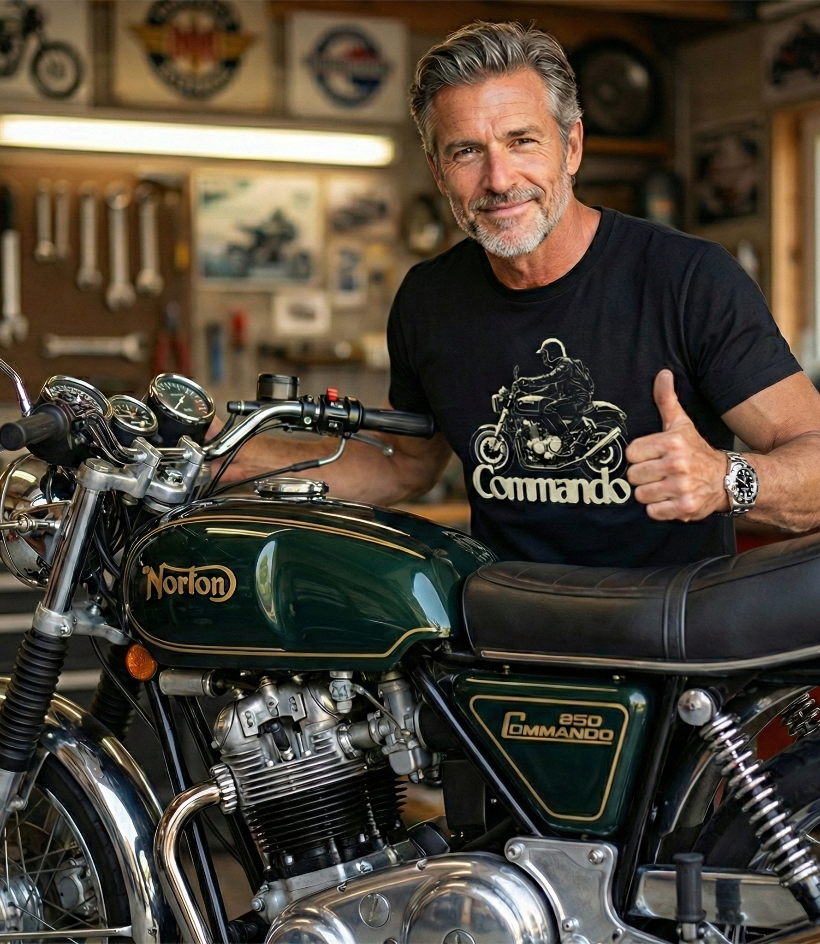Man in a black t-shirt with a motorcycle graphic t-shirt standing next to a Norton motorcycle in a garage.