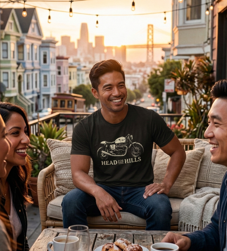 Man sitting at a table with friends wearing a Head for the Hills Motorcycle T-shirt with the city of San Francisco in the background at sunset