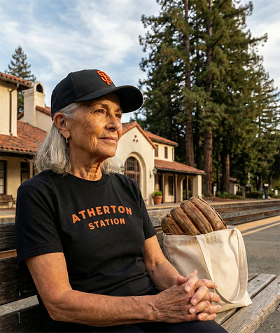 Senior woman wearing an 'Atherton Station' t-shirt and SF Giants hat sitting on a bench with a scenic background.