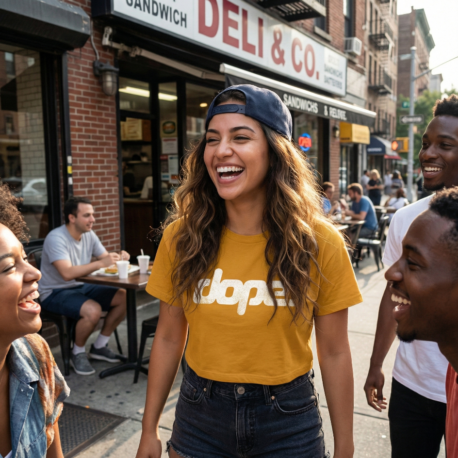 Group of friends laughing on a city street with a deli in the background