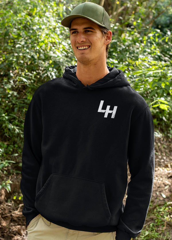 Man wearing black hoodie with LH La Honda California design on left chest