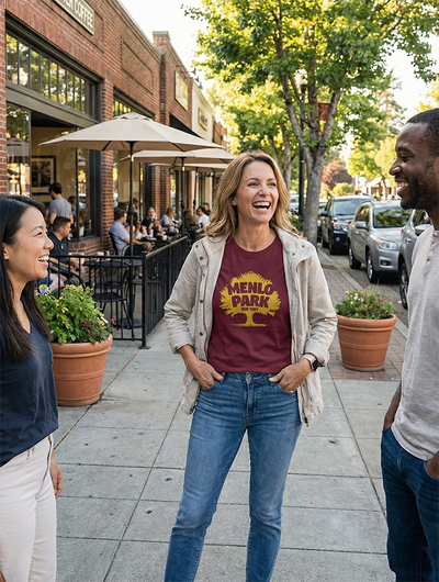 Three people standing on a sidewalk with a casual urban setting