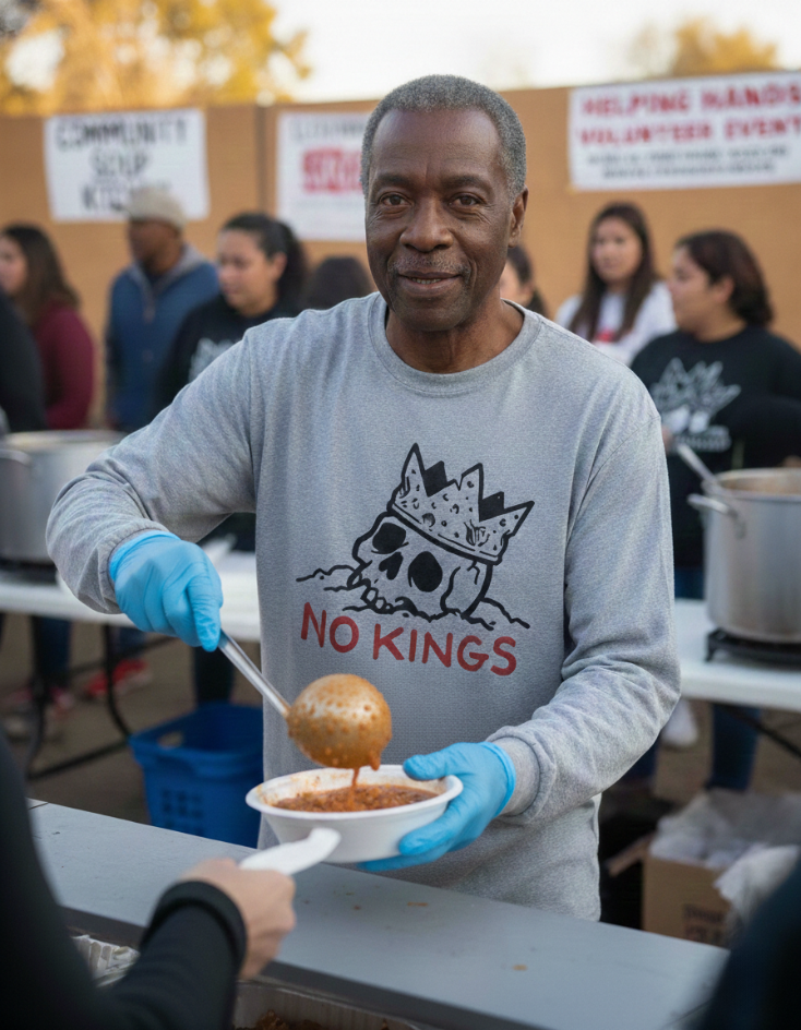 Man serving food at an event with 'No Kings' shirt