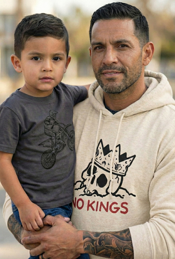 Man wearing a NO KINGS hoodie holding his son