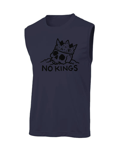 Navy sleeveless shirt with skull wearing a crown and 'NO KINGS' text on a white background