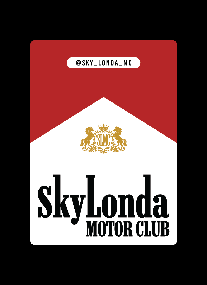SkyLonda Motor Club logo on a retro racing inspired Marlboro pack of reds sticker