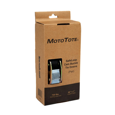 MOTOTOTE packaging for SafeLoop Cam Buckle Tie Downs on a white background