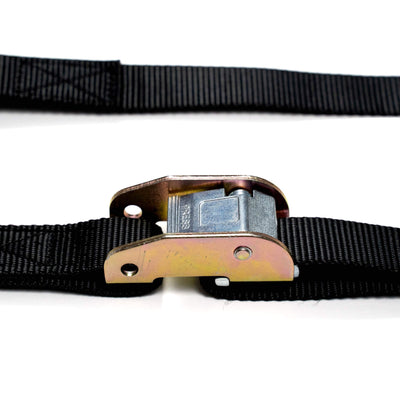 Black strap with metal buckle on a white background