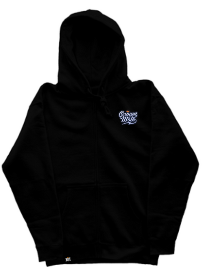 Crown Moto Script logo patch sewn on left chest of hooded sweatshirt