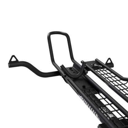Black metal bike rack on a white background