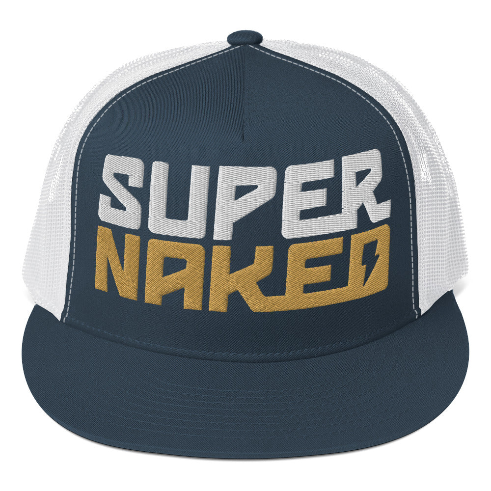 Gold and white Super Naked logo embroidered on front of navy and white trucker hat by Crown Moto