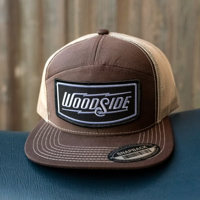 Woodside 7-Panel Brown & Khaki Snapback Trucker Hat, trucker hats, mesh, woodside brand, riveted, rivet, metal, branded, 7-panel, stylish, style, motorcycle lifestyle