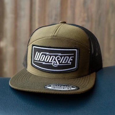 Woodside 7-Panel Olive & Black Snapback Trucker Hat, snapback, woodside, brand, style, 7-panel, modern, quality, cool