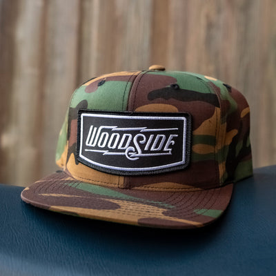 Woodside Patch Green Camouflage Snapback Hat, patch, woodside brand, flat brim, snapback, riveted, rivet, crown moto, metal, acrylic, original