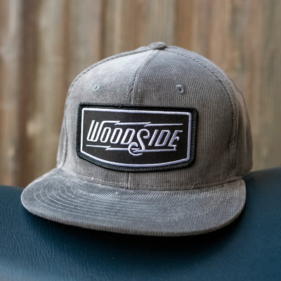 Woodside Patch grey Corduroy Snapback Hat, woodside brand, corduroy, snapback, patch, local, style, retro, flat brim, logo
