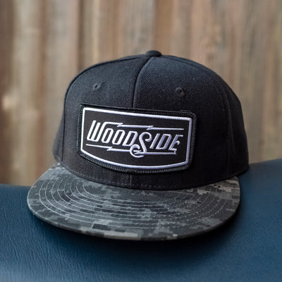 Woodside Patch Black & Digital Camo Snapback Hat, patch, woodside brand, flat brim, snapback, riveted, rivet, crown moto, metal, acrylic, original