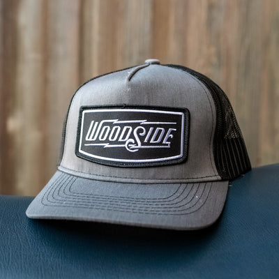 Woodside Charcoal & Black Snapback Trucker Hat, mesh, riveted, brand, crown moto, motorcycle lifestyle, structured, contrast stitching, pre-curved brim, curved brim