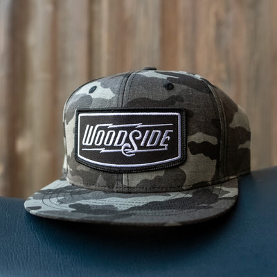 Woodside Patch Gray Camo Snapback Hat, patch, woodside brand, flat brim, snapback, riveted, rivet, crown moto, metal, acrylic, original