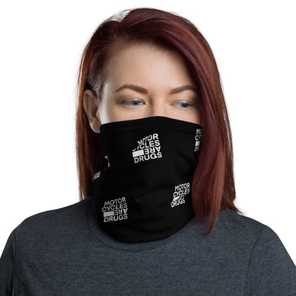 Woman wearing "Motorcycles are drugs" logo neck gaiter