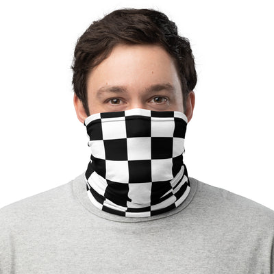 Premium neck gaiter with black and white checkered flag pattern and occasional Crown Moto logo