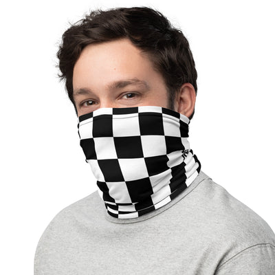 Premium neck gaiter with black and white checkered flag pattern and occasional Crown Moto logo