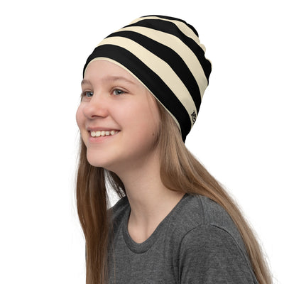 Vintage cream and black striped neck sleeve being worn as a hat