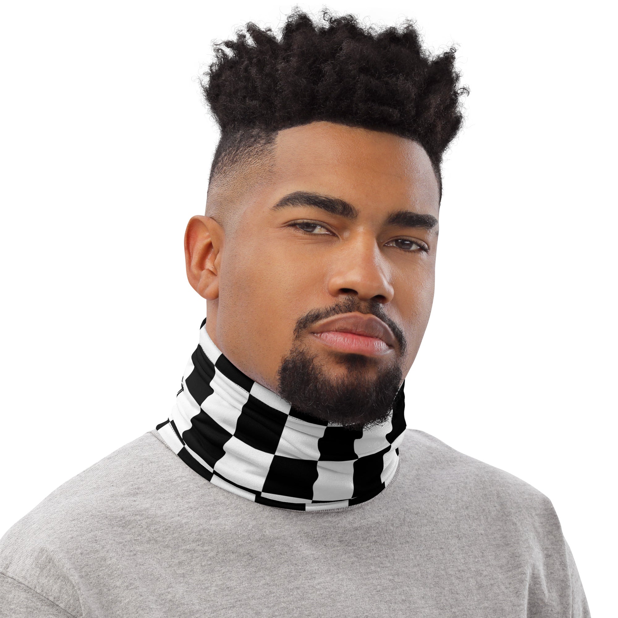 Premium neck gaiter with black and white checkered flag pattern and occasional Crown Moto logo