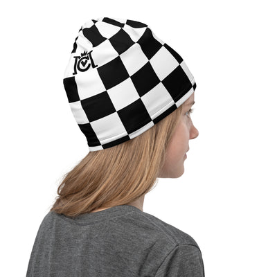 Premium neck gaiter with black and white checkered flag pattern and occasional Crown Moto logo