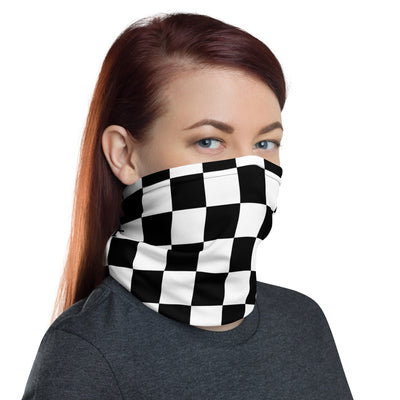 Premium neck gaiter with black and white checkered flag pattern and occasional Crown Moto logo