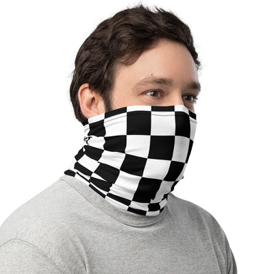 Premium neck gaiter with black and white checkered flag pattern and occasional Crown Moto logo