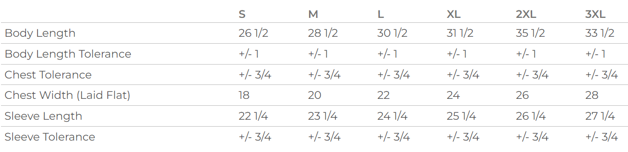 Measurement chart for clothing sizes S to 3XL with dimensions listed.