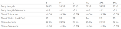 Measurement chart for clothing sizes S to 3XL with dimensions listed.