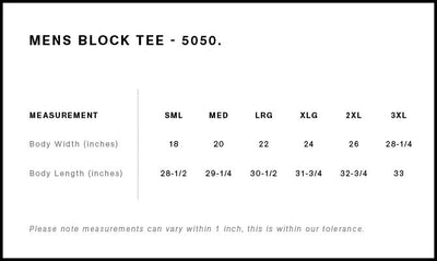 Measurement chart for a mens block tee with size chart