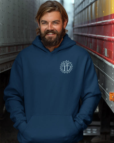 Man wearing navy blue hoodie with "builds by scott" logo on left chest