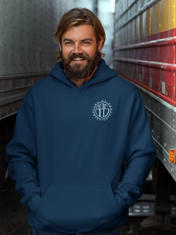 Man wearing navy blue hoodie with "builds by scott" logo on left chest