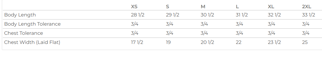Measurement chart for body length, chest tolerance, and chest width with size labels from XS to 2XL.