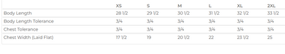 Measurement chart for body length, chest tolerance, and chest width with size labels from XS to 2XL.