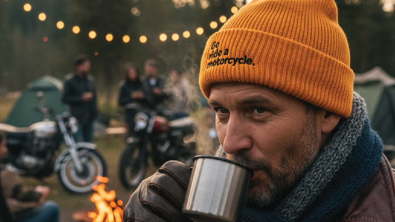Man wearing a "Go ride a motorcycle" beanie drinking from a mug with motorcycles and tents in the background