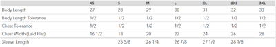 Table displaying clothing size chart with measurements for body length, chest tolerance, and sleeve length.