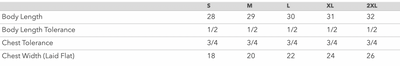 Measurement chart for clothing sizes S to 2XL with body length, chest tolerance, and chest width details.