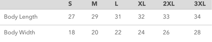 Size chart for clothing with body length and width measurements in centimeters.