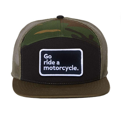 "Go ride a motorcycle" Black Patch Camo 7-Panel Hat