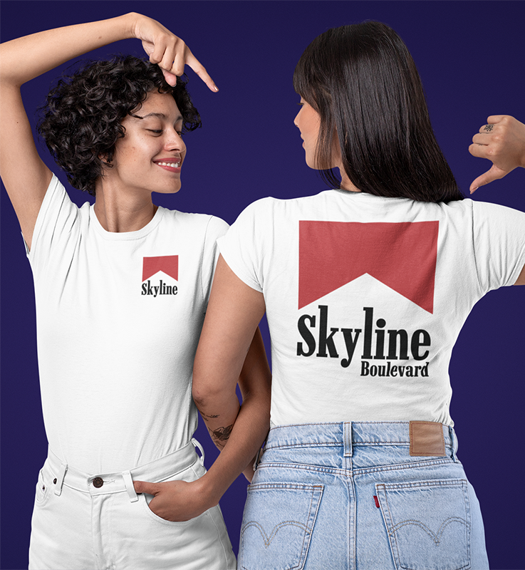 Skyline Blvd Marlboro Racing Unisex T-shirt Skyline Blvd Marlboro Racing Parody t-shirt on 2 women, showing the front and back of the t-shirt