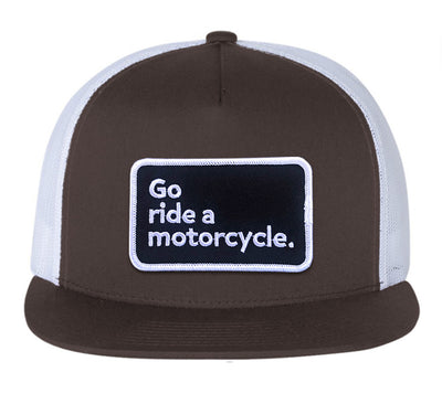 Brown and white cap with 'Go ride a motorcycle' embroidered patch on front