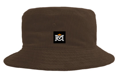 trademarked crown moto logo patch sewn on corduroy bucket hat