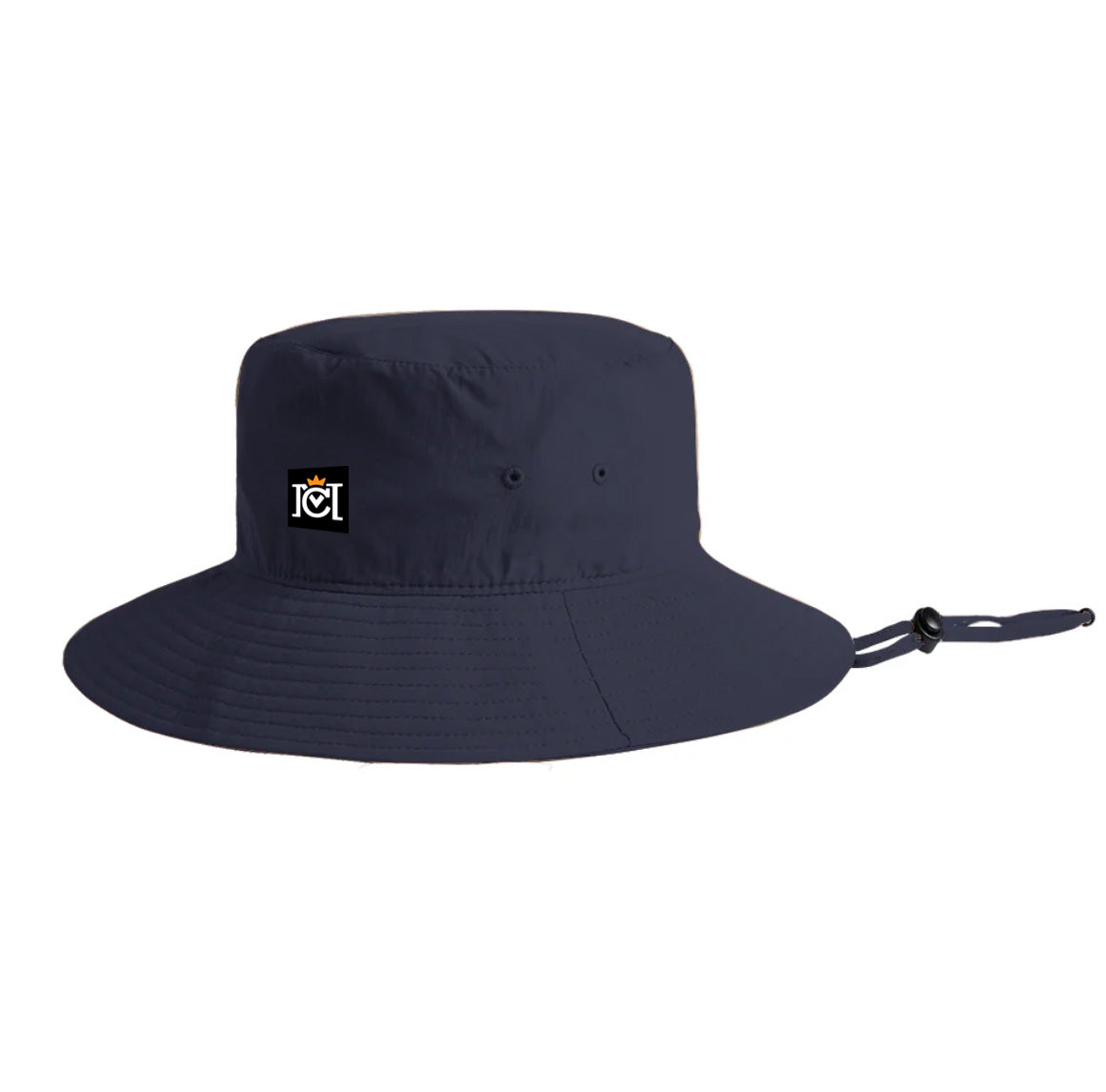 Wide brim nylon bucket hat with trademarked Crown Moto logo patch sewn on front